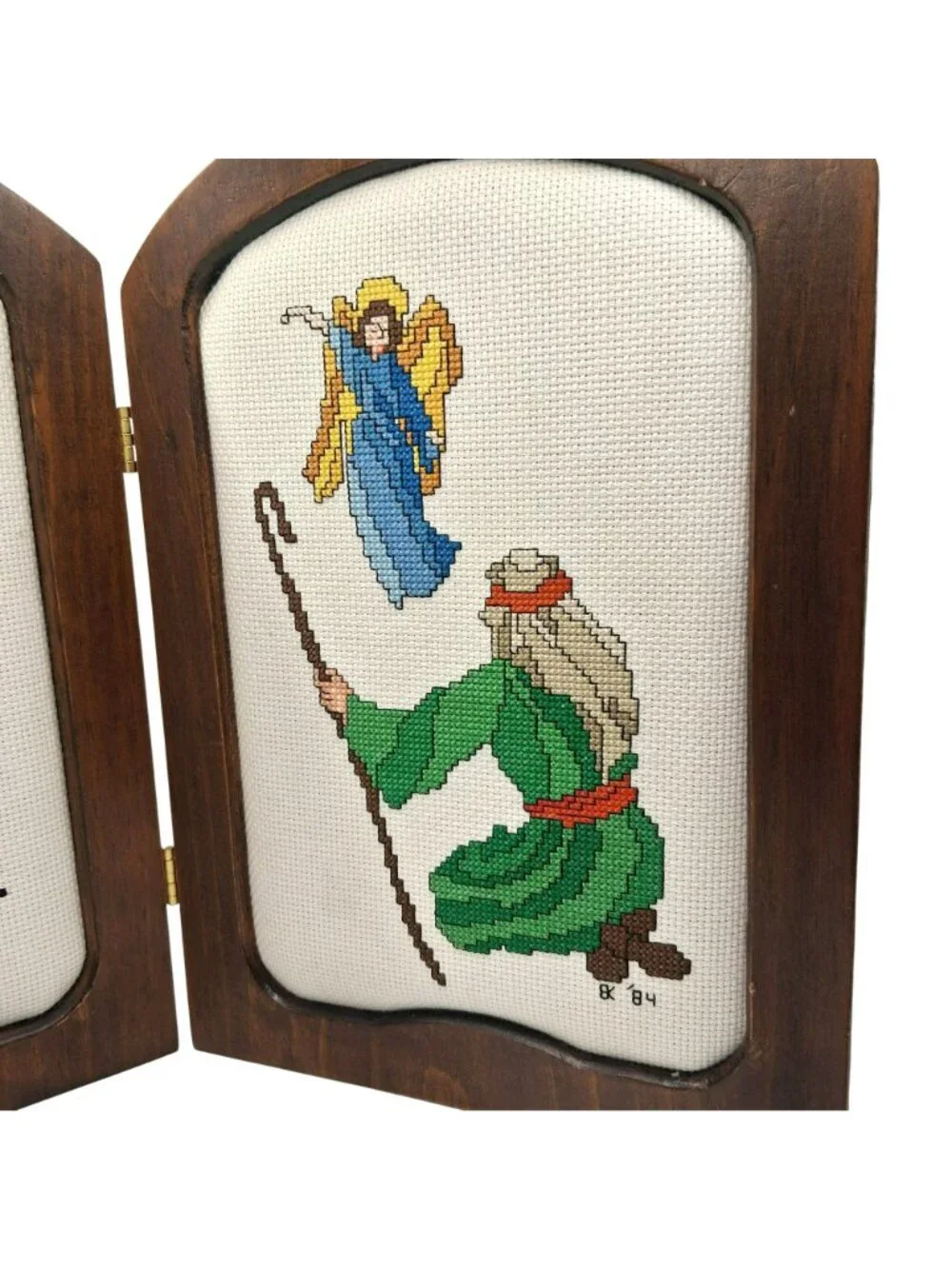 Vintage Wood Triptych Nativity Needlepoint Panels Holy Family Kings Angel 1984